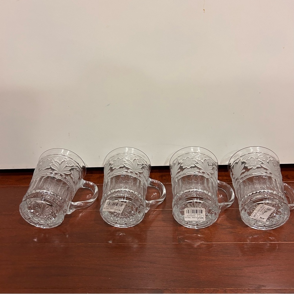 Vintage Set Of 4  MIKASA "Trellis Floral" Frosted Cut Glass Crystal Mugs NWT - Picture 9 of 11